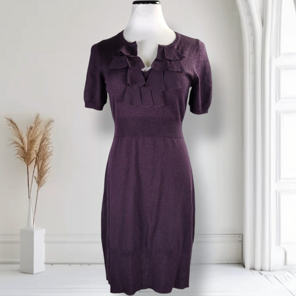 Loft Purple Merino Wool Blend Sweater Dress Size S Ruffle Neck Short Sleeve Knit